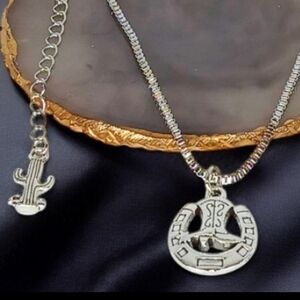 Silver Horseshoe Necklace with Cactus Charm Cowboy Western Gender Neutral Unisex